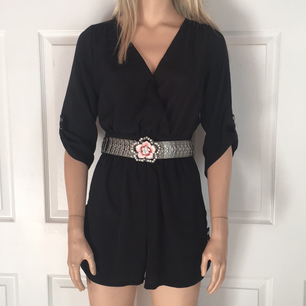 Cute Black Romper With Button Up Gathered Sleeve
